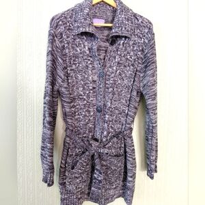 Laura Scott Grey Knit Cardogan Sweater Button Down Belted Fall Winter Black Whit